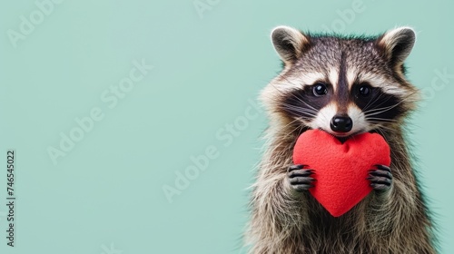Generative AI image of cute happy racoon placed a stuffed heart shape on the head isolated on pastel green background, copy space, sharp focus, pro shot , noisy image © TimelessTales
