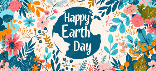 Happy Earth Day flat design illustration poster with plants and flowers all around. Celebrating Mother Nature.