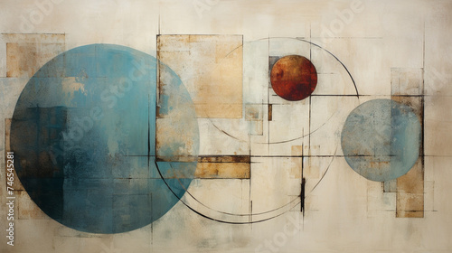 Abstract blend of textured geometric shapes and circles, modern style. Modern abstract painting featuring a dynamic composition of geometric shapes in bold, vibrant colors on canvas.