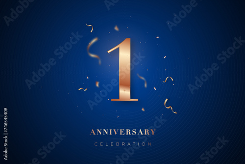 1st Anniversary celebration greeting card. Rose Gold metallic Number 1 with sparkling confetti on dark blue background. Design template for birthday or wedding party event decoration.