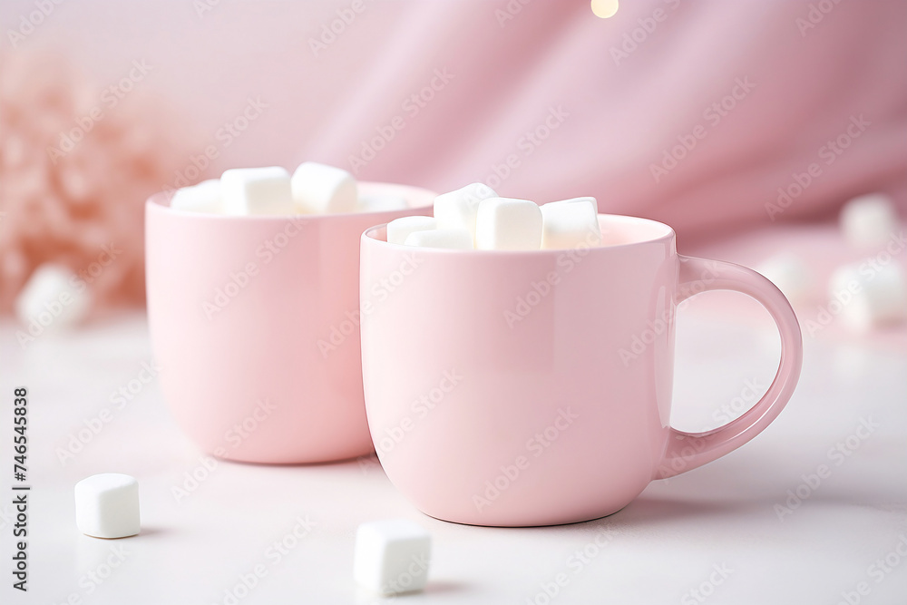 Two pink mugs of cocoa with marshmallows, evoking warmth and holiday cheer, perfect for cozy evenings and festive gatherings.