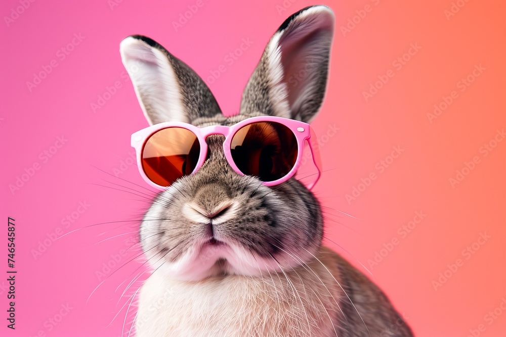 Generative AI image of Easter rabbit bunny with pink sunglasses, studio lighting, pink background
