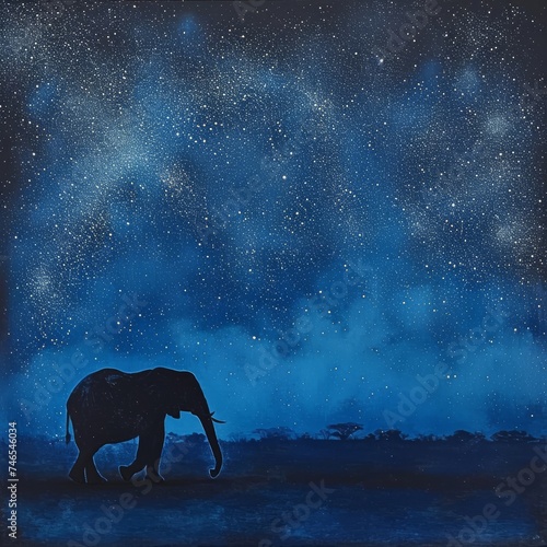 Generative AI image of Envision a tranquil night on the African savanna  where a solitary elephant strolls under a vast starry sky. The Milky Way arcs magnificently overhead.