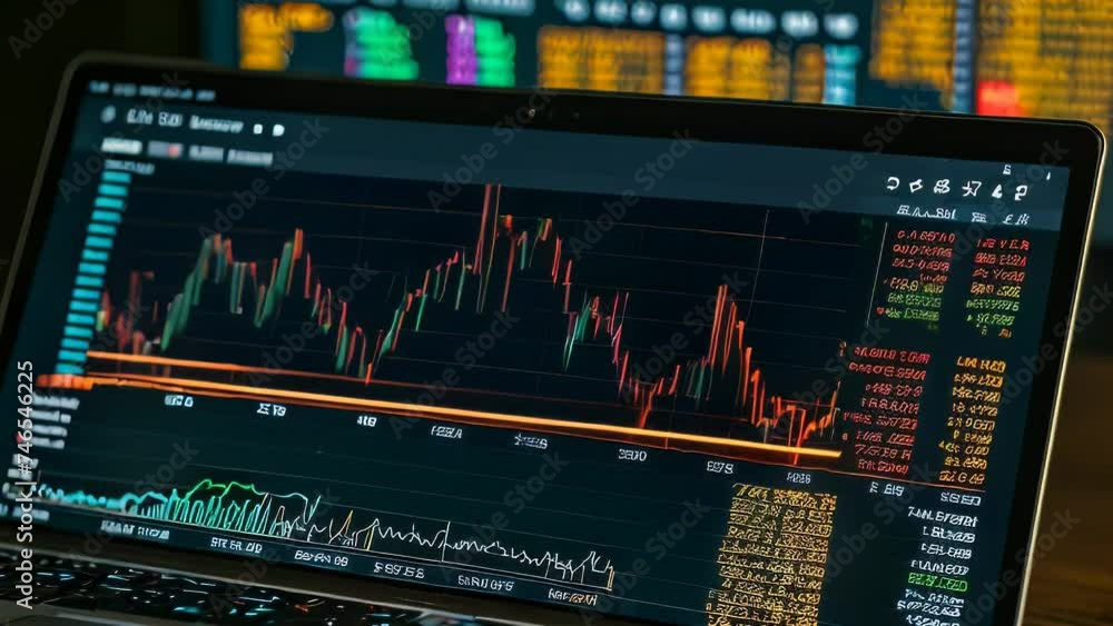 Business Video animation of laptop screen showing a colorful stock market graph with fluctuating lines and bars, and numerical data on the right side Business Video animation of laptop screen showing a colorful stock market graph with fluctuating lines and bars, and numerical data on the right side