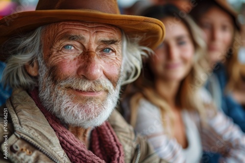 A close-up image of an elderly man with a friendly smile, sparkling eyes, and a rustic, stylish hat © svastix