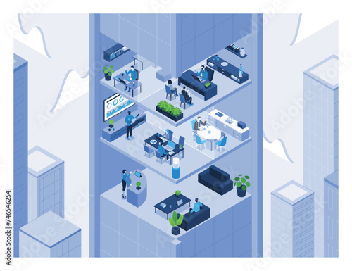 Isometric office life interior concept. 3d office with workers, furniture and equipment. Vector illustration.