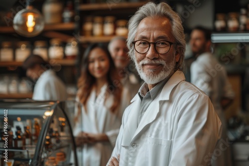 Sophisticated portrait of a mature Asian man with a kind smile against a background of a stylish café ambiente
