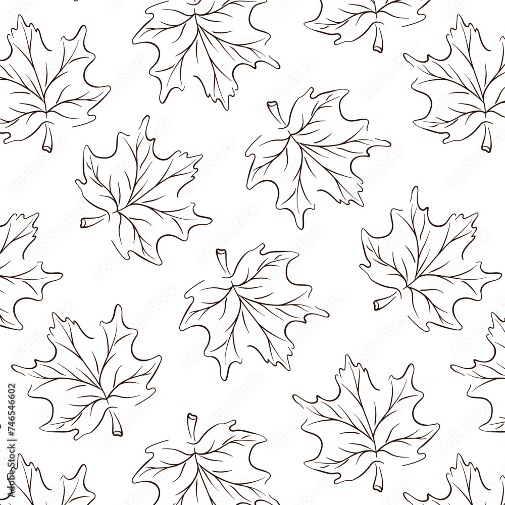 Maple leaf seamless pattern in line art, outline style. Floral background in minimalistic linear, hand drawn style. Vector illustration on a white background. Maple leaf seamless pattern in line art, outline style. Floral background in minimalistic linear, hand drawn style. Vector illustration on a white background.