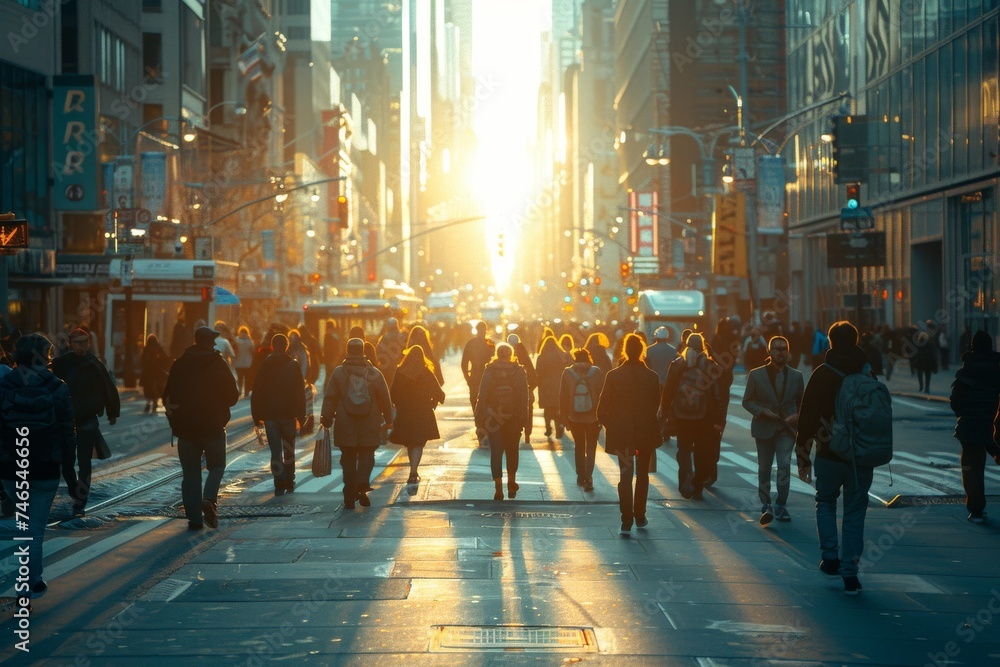 Bustling New York street with people commuting under vibrant sunset rays reflecting off the buildings