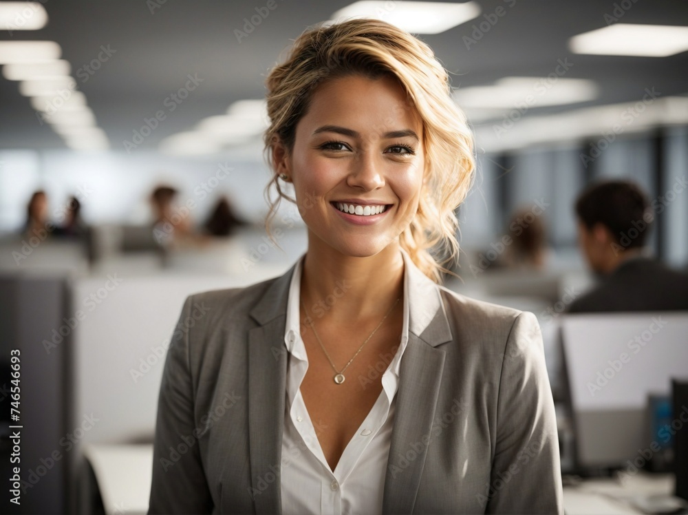Woman Smiling in Office Cubicle, A Positive and Happy Working Environment. Generative AI. Woman Smiling in Office Cubicle, A Positive and Happy Working Environment. Generative AI.
