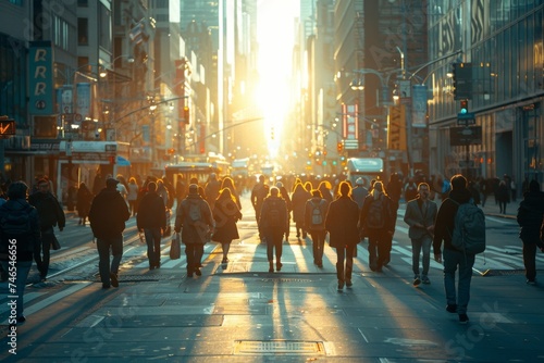 Bustling New York street with people commuting under vibrant sunset rays reflecting off the buildings