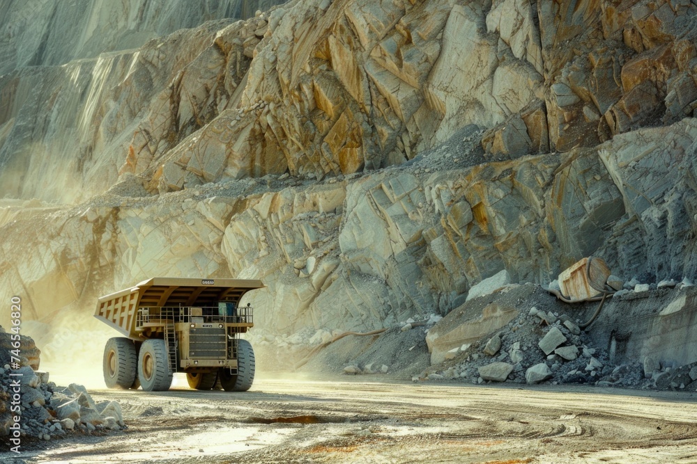 Amidst a cloud of dust, a robust mining truck hauls rocks in a quarry with sheer cliff faces, illustrating the rawness of resource extraction.