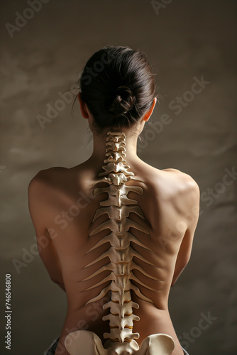 Female Model Posing With Skeletal Spine on Her Back