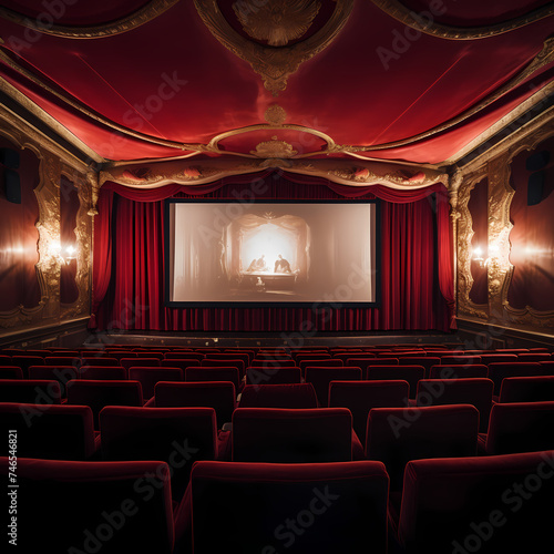 Vintage cinema with red velvet seats and a big screen