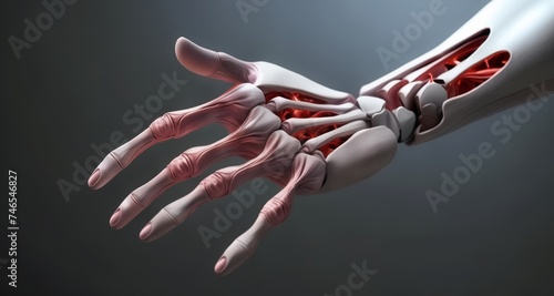  Advanced prosthetic hand with intricate design and glowing red interior