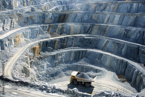 A large haul truck loaded with minerals navigates the terraced paths of a deep pit mine, showcasing the scale of mining operations.