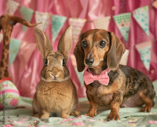 Easter Dachshund: Pup with Bow Tie Posing Against Easter Backdrop 