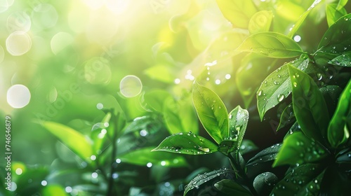 Fresh green plant leaves with raindrops in sunlight. Nature and freshness concept. Perfect for themes related to spring  nature  and growth.