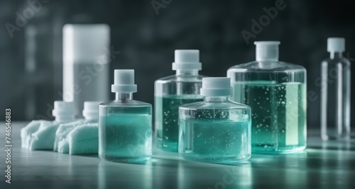  Elegant collection of glass bottles with blue liquid, perfect for a product display or advertisement