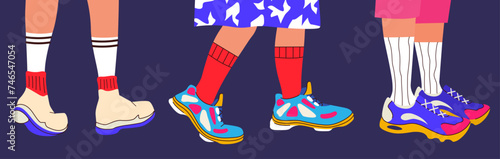 Pairs of feet in sneakers and socks in a trendy modern style. Groovy. Vector illustration. Isolated. Hand drawn and doodle postcard with a set of boots. Icons collection. Footwear elements