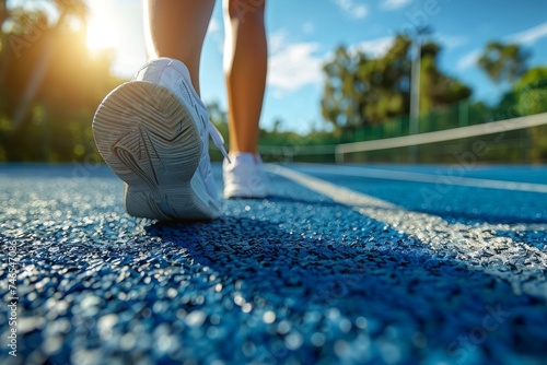 Close-up of runner's shoes stepping on a vibrant blue track lane on a sunny day, invoking energy and determination