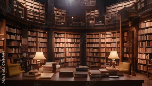 World Poetry Day Video animation of elegant library, with walls lined with bookshelves filled to capacity. A wooden desk adorned with reading materials and a classic lamp is centrally positioned photo