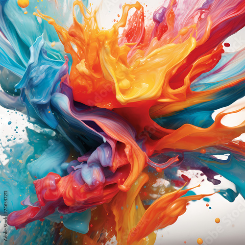 Whirlwind of colorful paint splatters frozen in motion