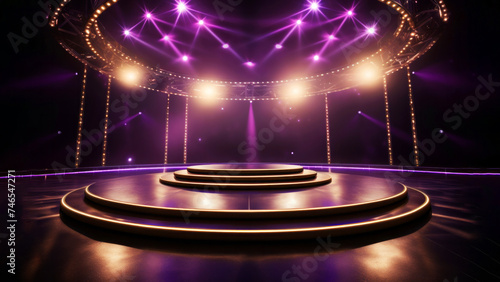 Golden neon purple violet podium platform with bright projector lights on minimal background. Night show concept