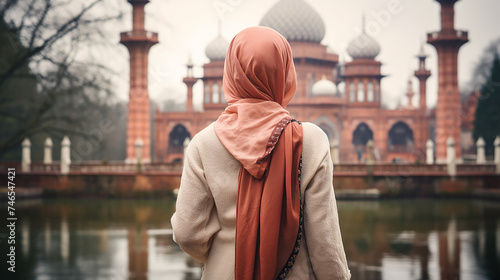 A Muslim woman in a headscarf against the background of a mosque near a lake or river, photo from the back. Autumn landscape. Autumn colors. Islam. Koran.