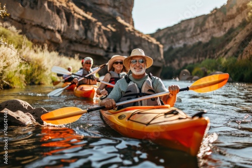 Senior Friends Enjoying Kayaking Adventure on River. © NS