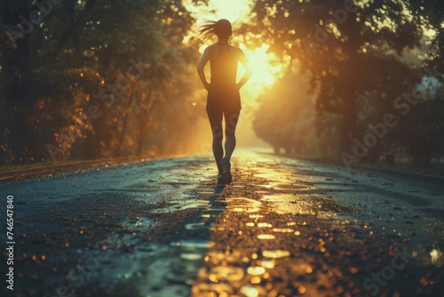 A focused female runner is captured from behind as she jogs alone on a wet road bathed in the golden light of sunrise