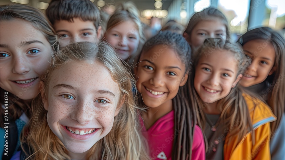 Happy elementary school friends, children and selfie for fun educational memory in lobby together. Happy elementary school friends, children and selfie for fun educational memory in lobby together.