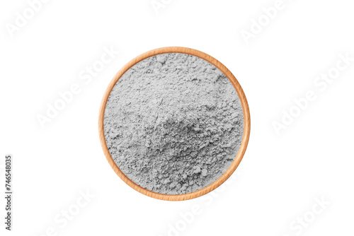 Gray powder in wooden bowl isolated on white background.