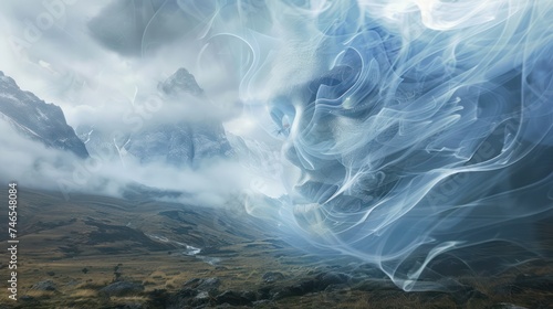A woman's face emerges from swirling magical smoke, surveying a futuristic dystopian wilderness. photo