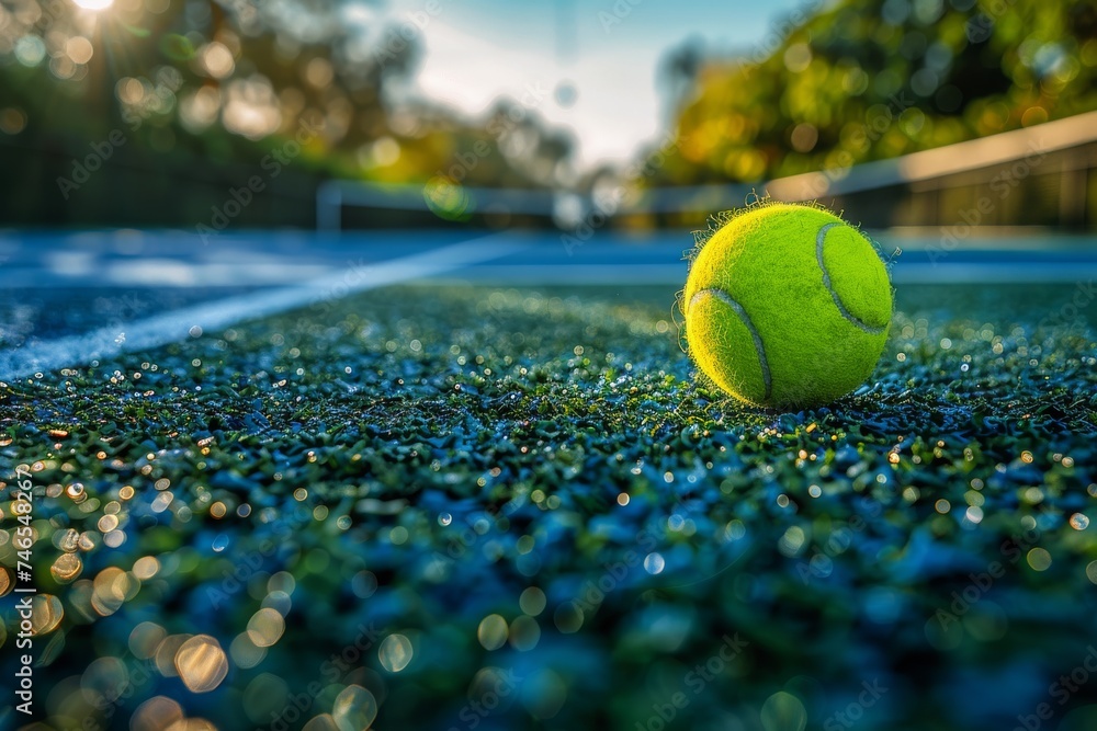 Macro shot highlighting the texture of a tennis ball on a blue court surface speckled with morning dew