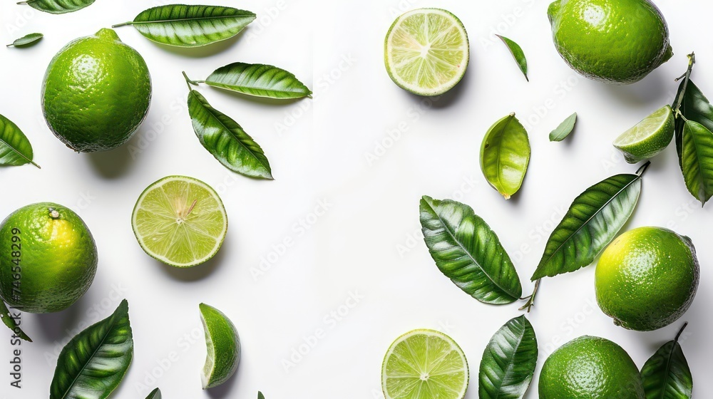 Vibrant lime fruits, featuring their bright green peels and foliage, stand out against a pure white background.