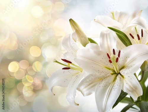 White Lilies with Golden Bokeh Background.