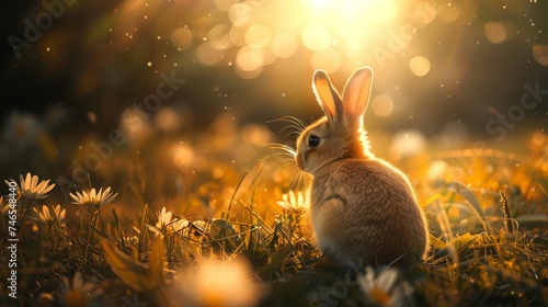 Rabbit in Sunlit Field with Daisies at Sunset.