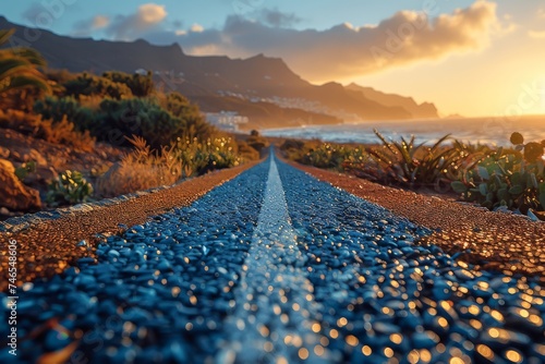 Scenic view of an asphalt road leading to the ocean with mountains at sunset, evoking wanderlust