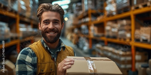 A cheerful Caucasian warehouse worker surrounded by boxes, ensuring efficient packaging and delivery of goods.