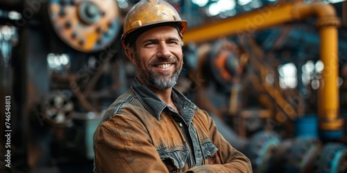 A smiling Caucasian man, wearing an industrial helmet, works diligently at a construction site, embodying professionalism and safety.
