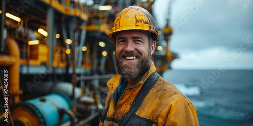 In an industrial maritime environment, a smiling Caucasian man in a helmet ensures safety and professionalism onboard a vessel.