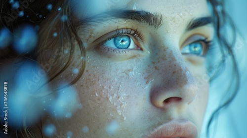 woman face close-up on molecular structure background 