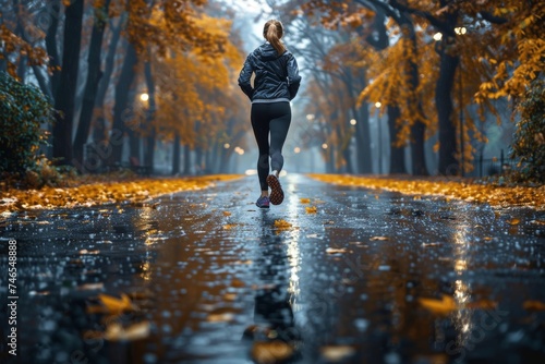 An athletic woman is seen jogging away on a wet path covered in fallen leaves in a misty park during autumn