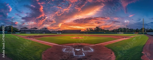 Broad view of a stadium, with a baseball pitch set against a vibrant sky backdrop. photo