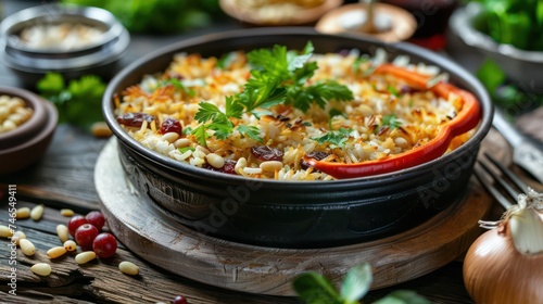Cuisine of Turkey. rice pilaf garnished with pine nuts and currants.