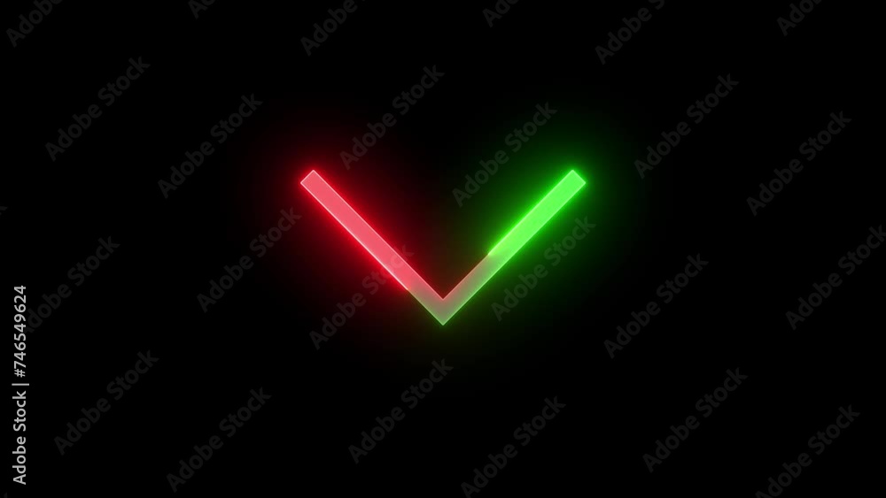 Neon chevron down icon green red color glowing animation black background Neon chevron down icon green red color glowing animation black background