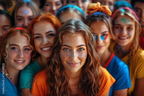 Young female face in focus surrounded by a festive group of people