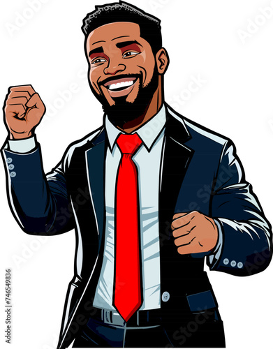 Happy African American business man in a suit saying Yes! Celebrating victory, success, vector illustration