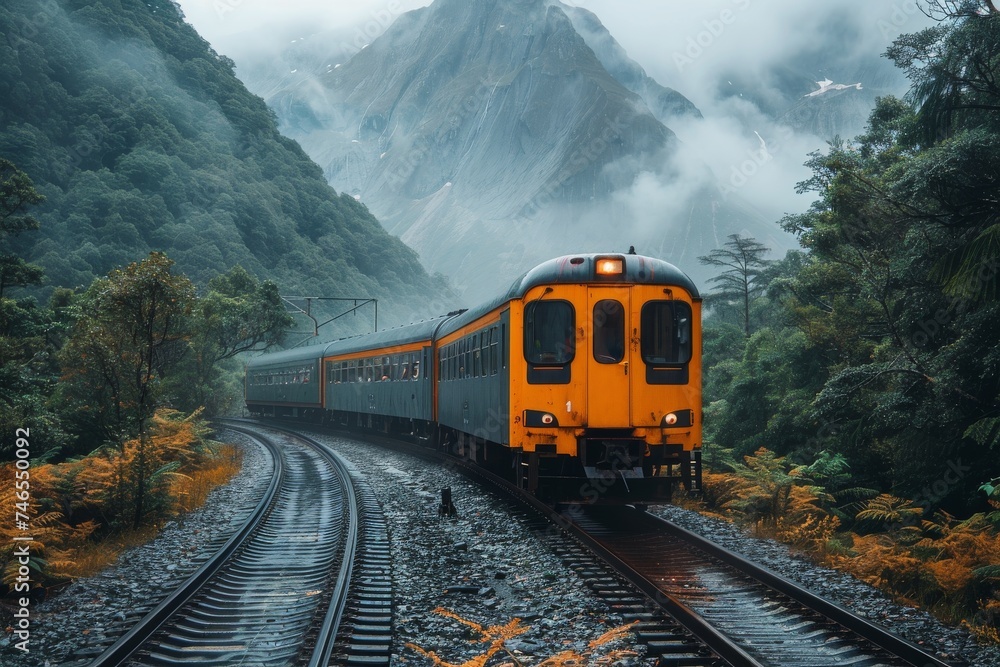 A scenic view of an orange train traveling through a verdant mountainous landscape with misty peaks in the background